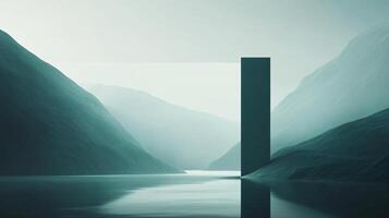 Mysterious black monolith stands in a calm lake surrounded by green mountains, creating a surreal and intriguing scene photo