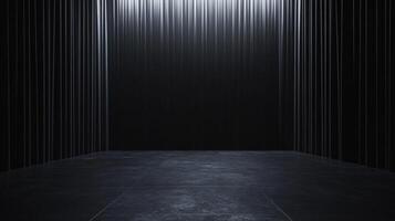 Empty black room with vertical lines and floor tiles illuminated by white light creates a dramatic and mysterious atmosphere photo