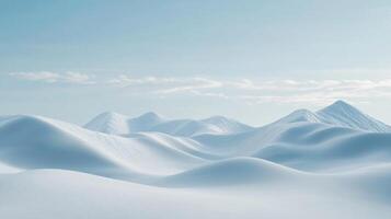 Minimalist winter landscape featuring smooth snow-covered hills leading to a range of mountains under a clear blue sky photo