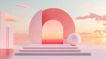 Pink abstract podium displaying sphere with ocean view at sunset, perfect for showcasing products photo