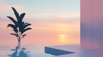 Serene sunset view with tropical plant emerging from infinity pool and modern architecture photo