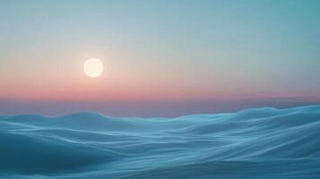 Blue desert landscape with rolling dunes under a setting sun, creating a surreal and otherworldly atmosphere photo