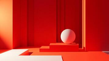 White sphere sits on a red pedestal in a modern, minimalist showroom bathed in warm, inviting light photo