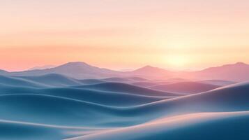 Rolling sand dunes stretch towards the horizon, illuminated by the soft glow of the setting sun, creating a serene and captivating desert landscape photo
