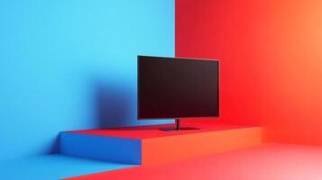 Wide-screen television showing off its sleek design in a vibrant, modern studio setting photo
