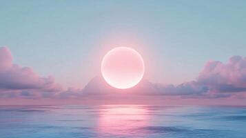 Mesmerizing pink full moon setting over a tranquil ocean at sunset, with pastel-colored clouds adding to the serene beauty photo