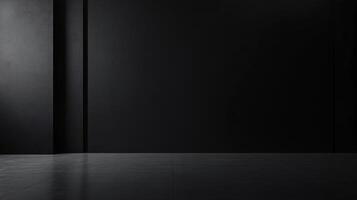 Minimalist black room with concrete floor and light beam reflecting on surface, creating a dramatic and mysterious atmosphere photo