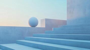 White sphere balancing on edge of concrete wall at sunrise, minimal background with stairs and geometric shapes photo