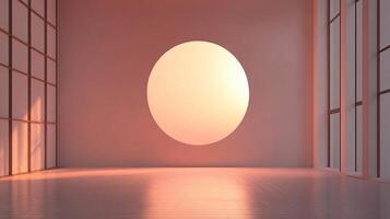 Minimalist empty room with round window overlooking a sunset, with shoji panels and wooden floor photo