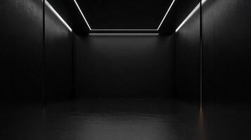 Empty black room with led lights illuminating concrete walls and floor, creating a modern and minimalist interior design photo