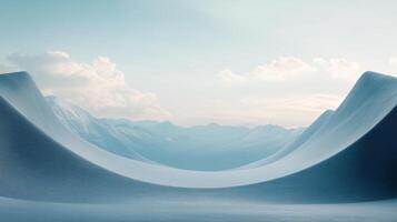 Minimalist winter landscape featuring snow-covered hills forming a valley that leads to a range of distant mountains under a cloudy sky photo