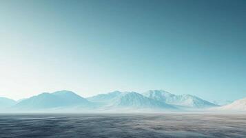 Vast desert landscape stretching towards a mountain range under a clear sky, creating a serene and minimalist scene photo