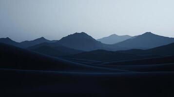 Rolling desert dunes glowing under moonlight with mountains in the background, creating a mystical and serene landscape photo