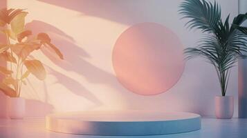 Minimalistic empty round podium displaying products on pink wall with plants and shadows, perfect for showcasing products photo