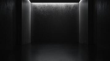 Empty dark room with bright light shining on back wall, creating a mysterious and dramatic atmosphere photo