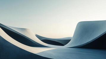 Abstract architecture featuring curved concrete walls under a clear sky at sunset photo