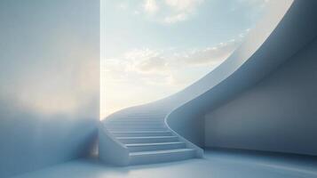 Minimalist white spiral staircase ascending towards a bright cloudy sky, symbolizing hope, ambition, and progress photo