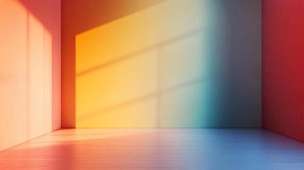 Sunlight is illuminating an empty room with colorful walls, creating a vibrant and artistic atmosphere with shadows photo