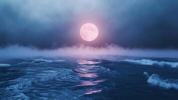 Ocean waves illuminated by pink full moon rising over stormy sea with fog at night photo