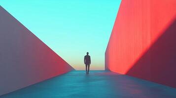 Businessman walking towards light between colorful walls in abstract corridor photo