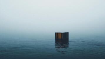 Mysterious crate floats on calm water, surrounded by a thick fog, creating a serene yet intriguing atmosphere photo