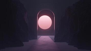 3d illustration of pink sun shining through archway between cliffs photo