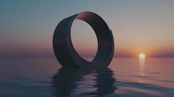 Metal ring floating on calm water during a beautiful sunset, creating a stunning and surreal scenery photo