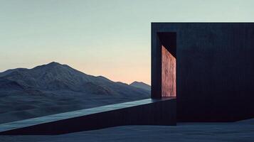 Concrete structure with a walkway stands in a barren desert environment, illuminated by the warm glow of the setting sun photo