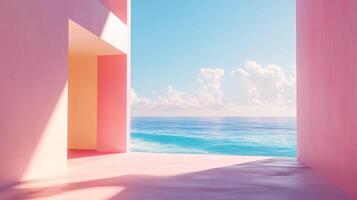 Minimalist pink building opening onto a blue ocean view under a cloudy sky, creating a serene and dreamy atmosphere photo
