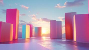 Abstract colorful cubes reflecting sunset light on an empty concrete surface with mountains in the background photo