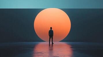 Surreal image of a businessman contemplating a large luminous orange circle in a dark room, evoking mystery and new opportunities photo