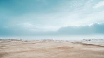 Windswept sand dunes create a mesmerizing pattern under a vast, cloudy sky in a tranquil desert landscape photo