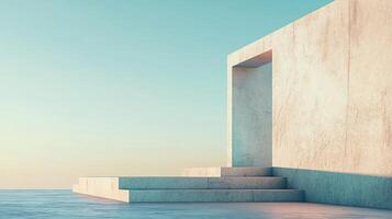 Minimalist concrete staircase leading to a doorway in a concrete wall under a clear sky at sunset, creating a serene and modern architectural scene photo
