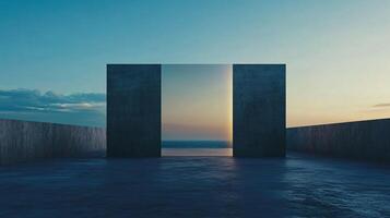 Concrete walls frame a transparent panel revealing a breathtaking ocean view at sunset, creating a minimalist and surreal architectural scene photo