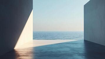 Sun casting shadows across a minimalist concrete space opening onto a tranquil ocean view at sunrise, creating a serene and contemplative atmosphere photo
