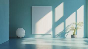 Sunlight illuminating a minimalist interior featuring a blank canvas, potted plant, and sphere lamp, creating a serene and stylish atmosphere photo