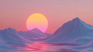 Pink and purple mountains reflecting a big sun setting over a calm sea photo