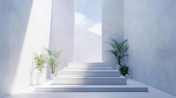 Sunlit white staircase in minimalist architectural space with potted plants, leading to a bright sky view, creating a serene and modern atmosphere photo