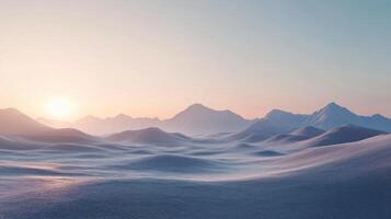 Snow-covered desert with rolling dunes stretches towards majestic mountains at sunset, bathed in warm, inviting light photo