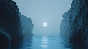 Serene landscape featuring a full moon illuminating calm water between towering cliffs shrouded in mist, creating a tranquil and mystical ambiance photo