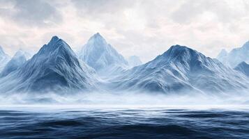 Stunning landscape featuring snow capped peaks rising from a misty ocean, creating a serene and icy panorama photo