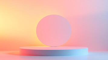 White podium with circle backdrop illuminated with orange and blue light creating gradient background photo