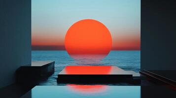 Surreal sunset over a calm ocean with a big red sun reflecting on an infinity pool and modern architecture photo