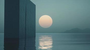 Surreal seascape featuring a large concrete structure partially submerged in calm water, with a large sun in the background and misty mountains in the distance photo