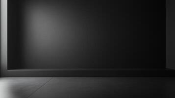 Minimalist black room featuring a platform and dramatic light beam, ideal for showcasing products photo