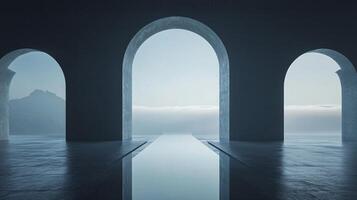 3d rendering of a minimalist concrete structure with arches framing a misty seascape and mountain, creating a serene and contemplative atmosphere photo