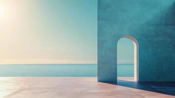 Minimalist concrete wall with arch opening framing a serene ocean view at sunrise, evoking tranquility and architectural simplicity photo