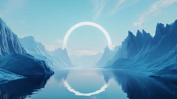 Calm blue lake reflecting a glowing white ring floating above, surrounded by majestic mountains, creating a surreal and otherworldly atmosphere photo
