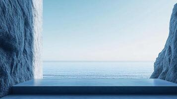 Empty concrete platform overlooking a tranquil ocean between stone walls, offering a minimalist seascape ideal for product placement photo
