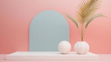 Minimalist product display podium showcasing white vases and dried palm leaves, creating a stylish and modern presentation space photo